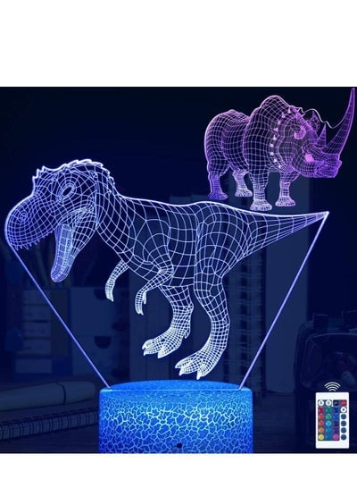 3D Night Light for Kids Dinosaur Rhino 2 Pattern with Remote Control & Smart Touch 16 Colors Changing Dimmable 3D Illusion Lamp Nightnight Gift Toy for Boys or Girls Age 2 3 4 5 6 7 8+ Years Old