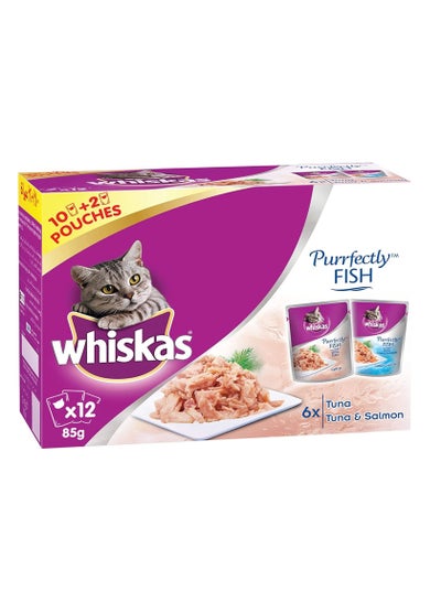 A box of Perfectil wet cat food consisting of tuna and salmon, contains 10 sachets, two free sachets of 85 grams per bag