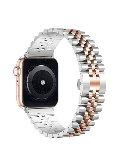 Compatible with Apple Watch Band 41mm 40mm 38mm, Stainless Steel Heavy Band with Butterfly Folding Clasp Link Bracelet for iWatch Series8/7/6/SE Series 5/4/3/Men Women ,Silver/Rose Gold