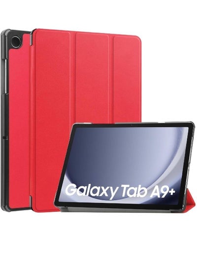 Case For Samsung Galaxy Tab A9+ / A9 Plus 11-Inch 2023, Slim Translucent Back Tri-Fold Folio Stand Protective Tablet Cover Auto Wake/Sleep Red