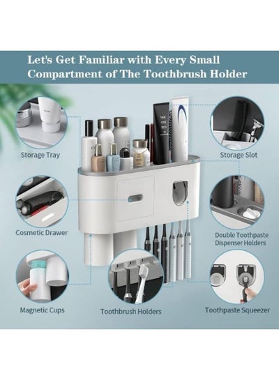 Wall Mounted Toothpaste Dispenser And Toothbrush Holder With Two Magnetic Cups