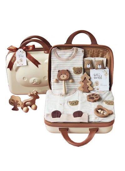 Baby Giftset for Newborn With Rompers and Wooden Toys in Cute Suitcase in Bear Theme for Girls and Boys