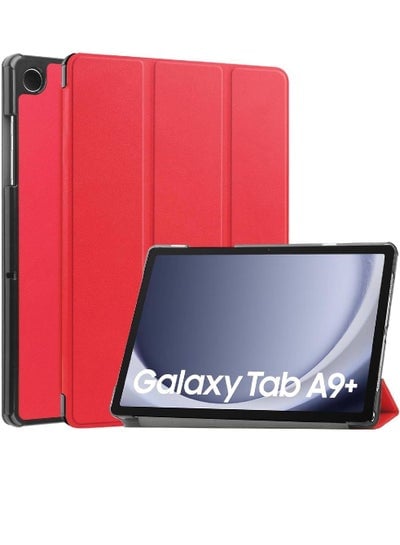 Case For Samsung Galaxy Tab A9+ / A9 Plus 11-Inch 2023, Slim Translucent Back Tri-Fold Folio Stand Protective Tablet Cover Auto Wake/Sleep Red
