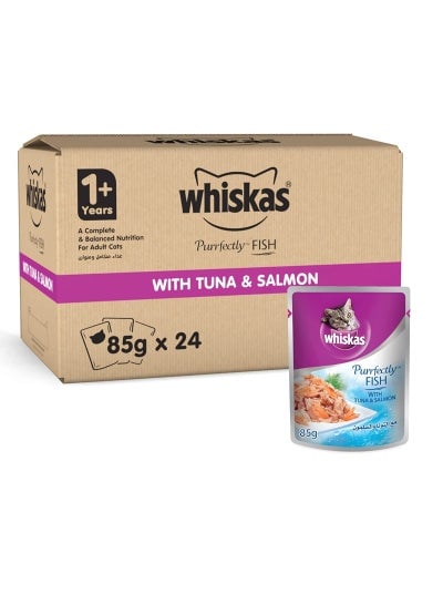 Purrfectly Fish, with Tuna & Salmon, Wet Cat Food for Adult Cats, Flavor Lock Pouch Made for Sealing Freshness, Made from Real Fish for a Complete and Balanced Nutrition, Pack of 24x85g