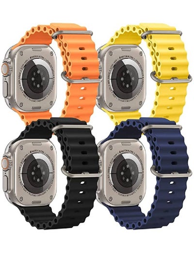 4 Pack Adjustment Soft Silicone Wristbands Compatible with Apple Watch Ultra 49mm Black/Midnight Blue/Orange/Yellow