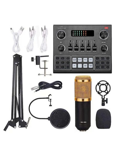 Mike Music Multifunctional Live V9 Sound Card and BM800 Suspension Microphone Kit Broadcasting Condenser Microphone Set Intelligent Webcast Live Sound Card for Computers and Mobilephone (v9, Black)