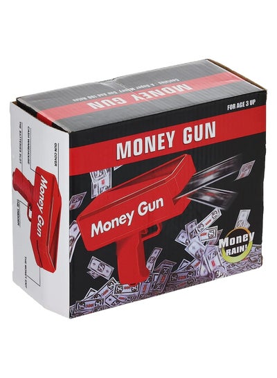 Money gun red can be sprayed 50-100 money Works on a 9 volt battery which is included manufacturer Make it rain US Dollars
