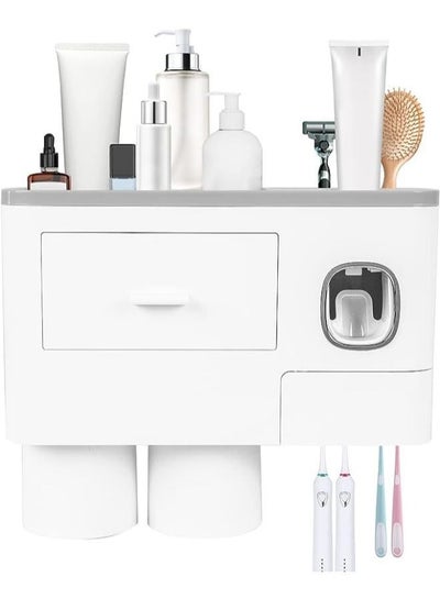 Multifunctional Space-Saving Toothbrush and Toothpaste Holder with Drawer for Cosmetics and 2 Cups