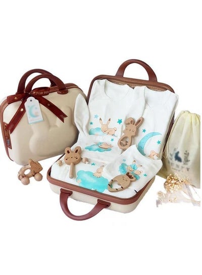 Baby Giftset for Newborn with Rompers and wooden toys in Cute Suitcase in Bunny Theme for Girls and Boys