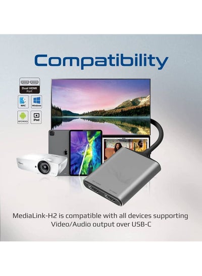 USB-C to HDMI Adapter, Ultra HD 4k 60hz Type-C to HDMI Adapter Converter with Dual HDMI Ports, Compact Travel-Friendly Design for MacBook Pro, iPad Air, Samsung Galaxy S22, MediaLink-H2 Grey