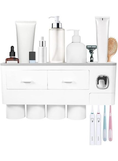 Toothbrush Holder Wall Mounted Adhesive with Automatic Toothpaste Dispenser Space Saving  Organizer with 4 Cups
