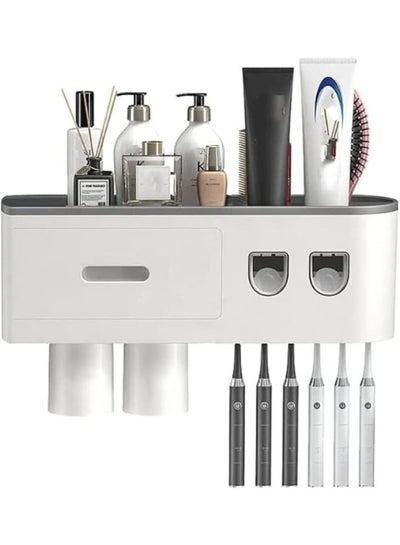 Toothbrush Holders for Bathrooms, 2 Cups Wall Mounted Toothbrush Holders with 2 Toothpaste Dispenser, 1 Cosmetic Drawer, and 6 Brush Slots with Cover Tooth Brush Holder