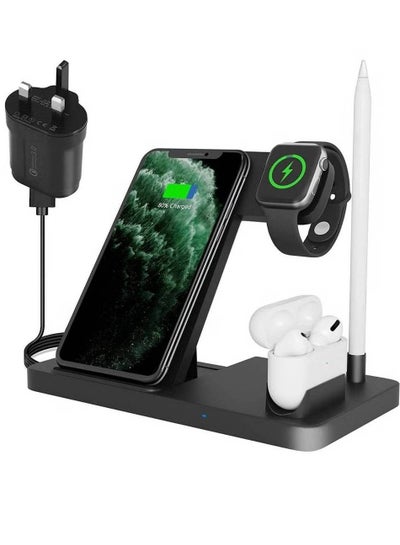 4-In-1 Qi-Certified Wireless Charging Station with Adapter for Apple iPhone/Wireless Earbuds/Watch/Pen /Samsung Galaxy Phones