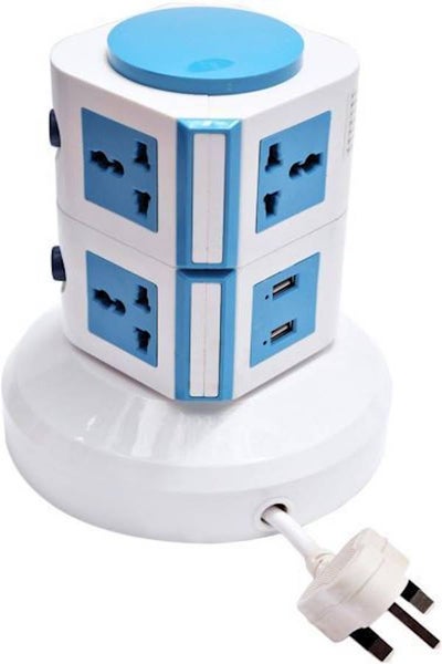 4-Way Universal Extension Socket With 2 Usb Ports And 2 Layers White/Blue/Red