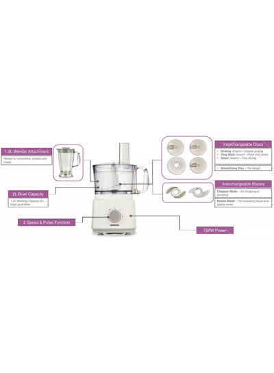 Food Processor Multi-Functional With 3 Interchangeable Disks, Blender, Whisk, Dough Maker 1.8 L 750.0 W FDP03.C0WH White