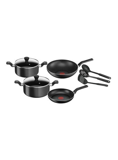 9-Piece Aluminum Super Cook Non-Stick Cookware Set Includes Wokpan 28 cm, Stewpot 22 cm, Stewpot 24 cm, 2 Lids, 1 Spatula, 1 Spoon, 1 Slotted Spoon & Frypan Black 24cm