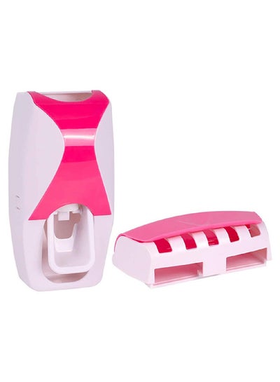 Automatic Dustproof Toothpaste Dispenser Set With Super Sticky Suction Pad Pink/White 13x6.5x7.5cm