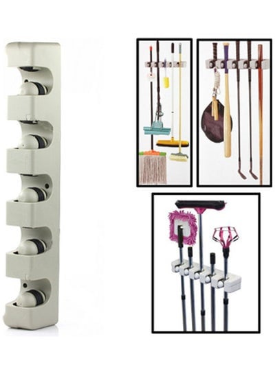 Wall Mounted 5 Positions Mop Broom Holder Tool with 2 Hooks Multicolour
