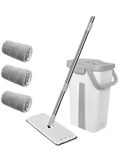 Microfiber Flat Mop with Bucket, Cleaning Squeeze Hand Free Floor Mop, 3 Reusable Mop Pads, Stainless Steel Handle,360° Rotating Head Squeeze Flat Mop White/Grey