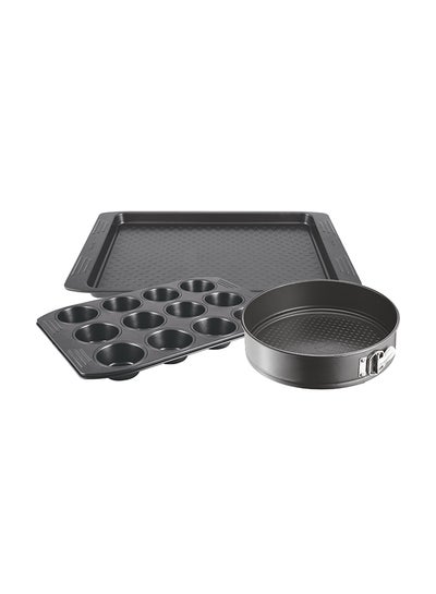 3-Piece Carbon Steel Easy Grip Bakeware Set Includes 1xMini Muffins Tray, 1xBaking Tray, 1xSpringform Pan Dark Grey 29x43.2x10.8cm