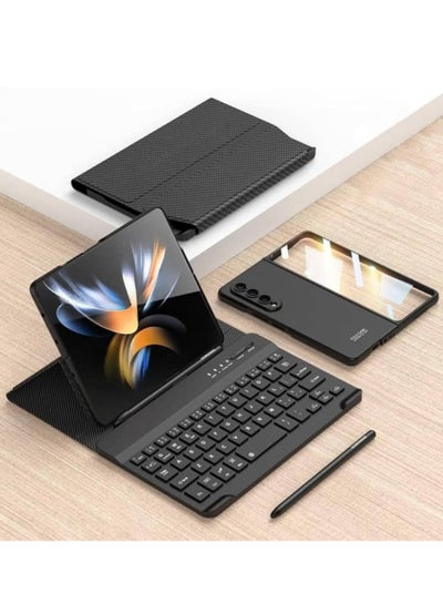Samsung Galaxy Z Fold 4/ Z Fold 3 Phone Keyboard Shell + Phone Case,Deformable Folding Detachable Bluetooth Keyboard Holster Leather Keyboard Stand Cover
