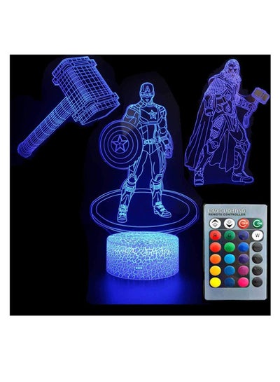 3D Illusion Avengers Super Hero Night Light Three Pattern Captain America/Thor/Thor's Hammer 7 Color Change Decor Lamp Desk Table Night Light Lamp for Kids Children