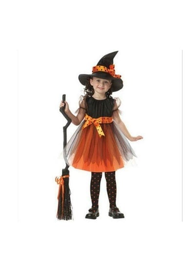Brain Giggles Kids Costume Set Girls Witch Robe Broom and Hat Witch Vintage Girls Witch Costume for Cosplay Event Party - Small Orange