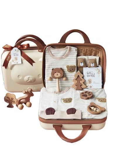 Baby Giftset for Newborn with Rompers and Wooden toys in lovely Suitcase in Bear theme for Girls and Boys