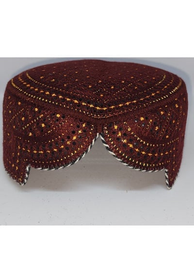 Traditional Sindhi Cap Topi is known as The Sindhi Kufi Handmade Woven Embroidery Use By Sindhis in Pakistan Essential Part Of Saraiki And Balochi Culture in Lal Mehndi with Gold