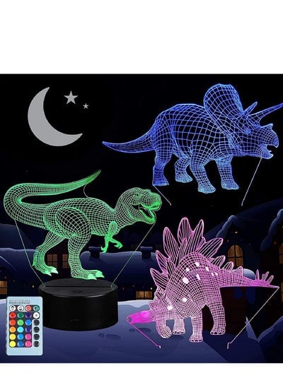 3D Dinosaur Night Light for Kids 3D Illusion Lamp 3 Pattern & 16 Colors Change Decor Nightlight with Remote Control for Living Bed Room Bar Best Dinosaur Toys Gifts for Boys Girls