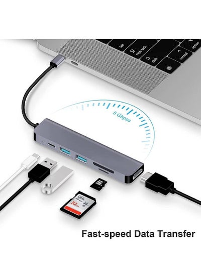 USB C Hub, 6 in 1 Type C to HDMI Multiport Adapter with HDMI 4K Output, 2 USB Ports, SD/TF Card Reader, USB-C Power Delivery, Compatible with MacBook, XPS More USB C Devices