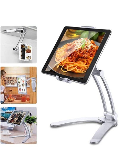 Kitchen Tablet Stand Wall Mount Adjustable, Stand 2-in-1 Kitchen Wall/Tabletop Desktop Mount Recipe Holder Stand for 4-11 Inch iPad Air Mini, iPhone 14 PRO Max XR X 6 7 8 Plus More Tablets (White)