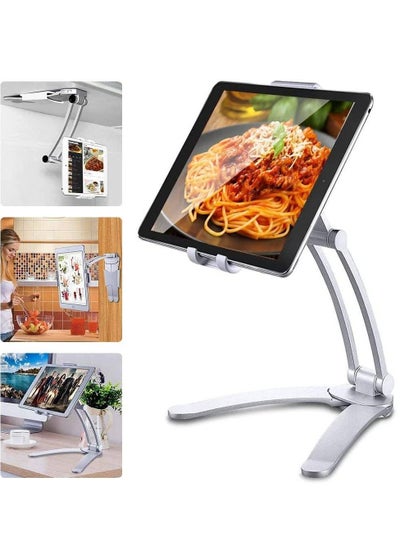 Tablet Stand Wall Mount Adjustable, Stand 2-in-1 Kitchen Wall/Tabletop Desktop Mount Recipe Holder Stand for 4-11 Inch iPad Air Mini, iPhone Xs Max XR X 6 7 8 Plus More Tablets (White)