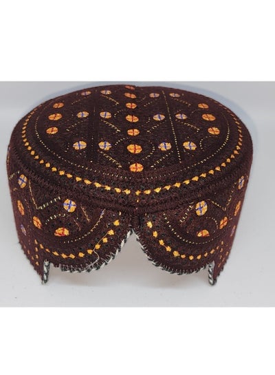 Traditional Sindhi Cap Topi is known as The Sindhi Kufi Handmade Woven Embroidery Use By Sindhis in Pakistan Essential Part Of Saraiki And Balochi Culture in Broun with Multi Color