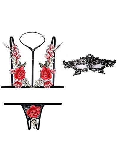 Women Floral Strappy Lingerie Set with Black Lace Mask Cut Out Crisscross Push Up Bra and Panty Underwear 3 Pieces Sets