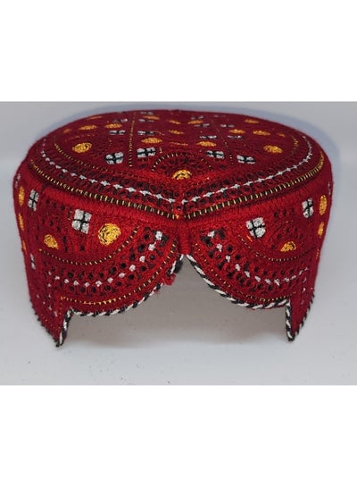 Traditional Sindhi Cap Topi is known as The Sindhi Kufi Handmade Woven Embroidery Use By Sindhis in Pakistan Essential Part Of Saraiki And Balochi Culture in Red with silver and Gold