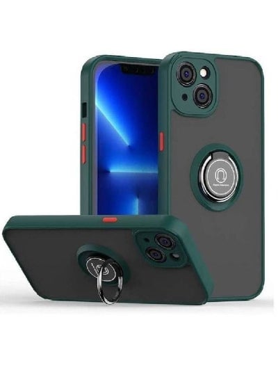 Metal Ring Holder Grip Kickstand Car Magnetic Mount Shockproof Matte Hard Back Bumper Case for iPhone 14 Plus Green