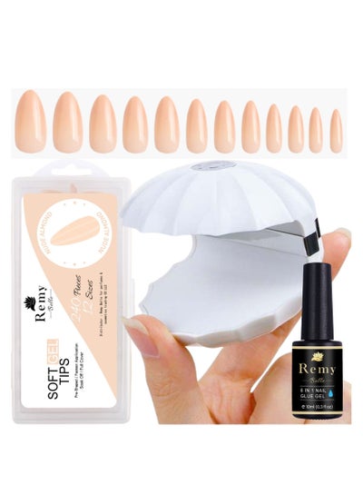 Soft Gel Nail Tip and Glue Gel Kit with Portable UV Light Lamp 240PCS 12 Sizes Nude Almond (Set 1)