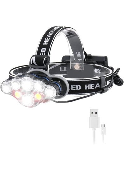 Rechargeable Headlamp, 8 Modes Multi-Function Headlight Flashlight 18000 Lumens, Waterproof Head Torch Heads Light with Red Light for Camping, Fishing, Car Repair, with 2 Batteries and USB Cable
