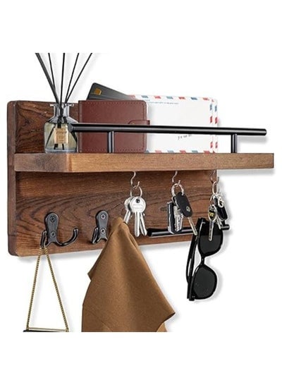 Wall Mounted Key Holder With 2 Hooks, A Hanger Bar And A Mail Rack On Natural Wood Board