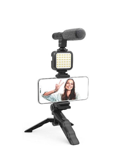 Vlogging"Like Me" LED Video Light + Microphone + Mobile Phone Holder + Hand Grip/Mini Tripod Compatible with Smartphones for TikTok, Youtube