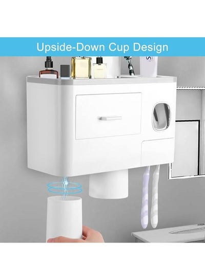 Multifunctional Space-Saving Toothbrush and Toothpaste Holder with Drawer for Cosmetics Organizer for Washroom and Bathroom with 2 Cups