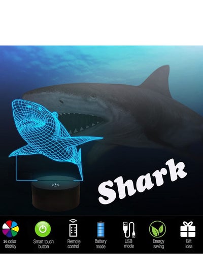 Multicolour 3D Illusion Lamp Shark Night Light with Remote Control Optical Touch 16 Color Changing Desk Lamps Kids Room Decor Festival Birthday Present Gifts for Toddlers Boys Child