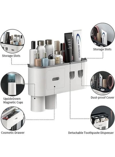 Wall Mounted Toothbrush Holder with Toothpaste Dispenser 1 Cosmetic Drawer, and 6 Brush Slots with Cover Tooth Brush Holder and 2 Cups