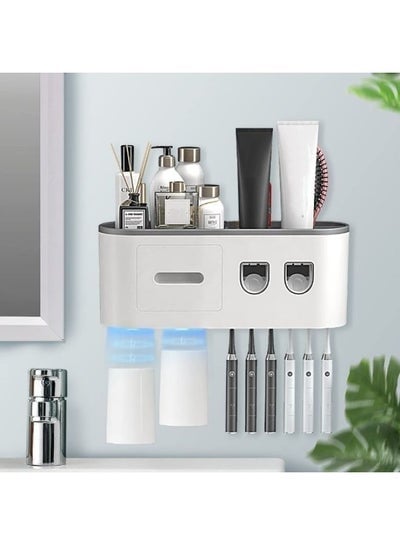Wall Mounted Toothpaste Dispenser And Toothbrush Holder With Two Magnetic Cups