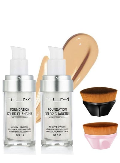 VOCATEEN TLM Color Changing Liquid Foundation with 2 Brushes Full Coverage Flawless Natural Color Base Makeup 30ml 2 pcs 2 brushes