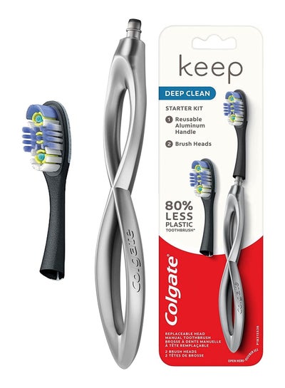 Keep Soft Manual Toothbrush for Adults with 2 Deep Clean Floss-Tip Brush Heads, Silver