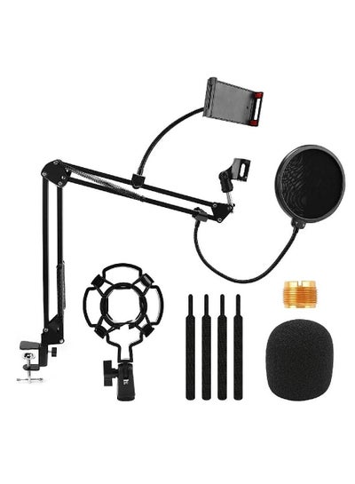 Adjustable Suspension Boom Scissor Mic Stand for Recording Equipment with Shock Mount, Mic Clip Holder, Pop Filter, 3/8'' to 5/8'' Adapter, Table Clamp, Mic Cap, Cable Ties