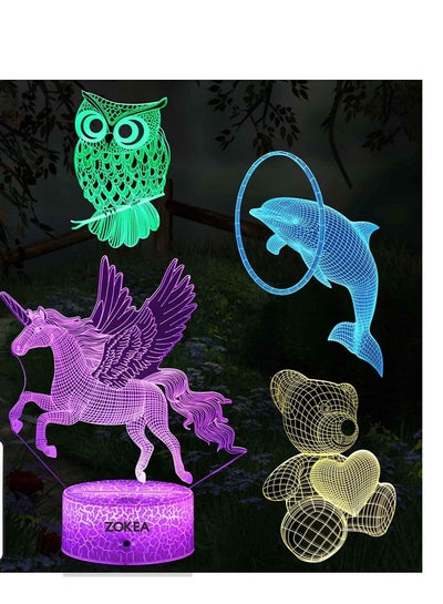 Gifts for Boys 7 Colors Changing 3D Night Light (4 Patterns) with Remote Control & Smart Touch Owl Unicorn Bear Dolphin