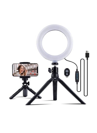 LED Selfie Ring Light with Tripod Stand & Phone Holder, Desktop Ring Lights with Dimmable 3 Light Modes & 11 Brightness Light, Bluetooth Remote for YouTube, Live Streaming, Zoom Meeting Calls